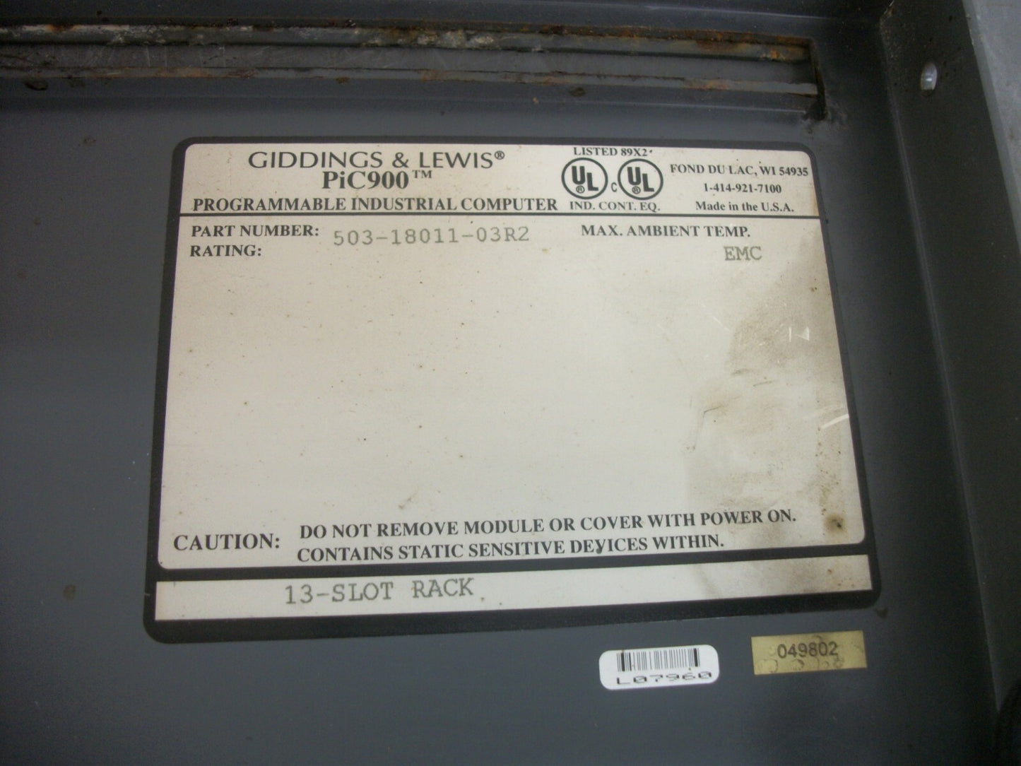 GIDDINGS & LEWIS 13-SLOT PLC CHASSIS RACK 503-18011-03R2