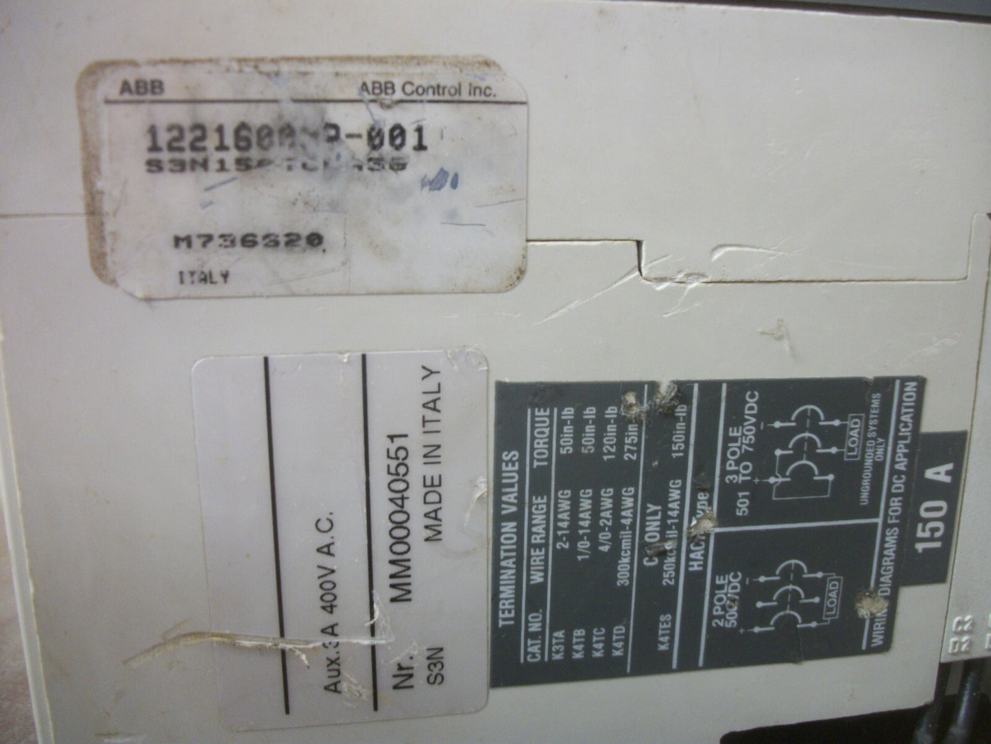 ABB SACE S3 S3N CIRCUIT BREAKER 150AMP 600VOLT 3POLE SHUNT AUX NOB