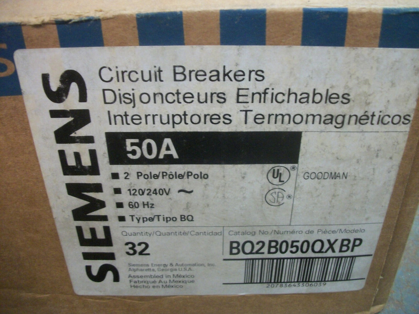 SIEMENS BQ CIRCUIT BREAKER BQ2B050QX BQ2B050QXBP 50AMP 240VOLT 2POLE NOB