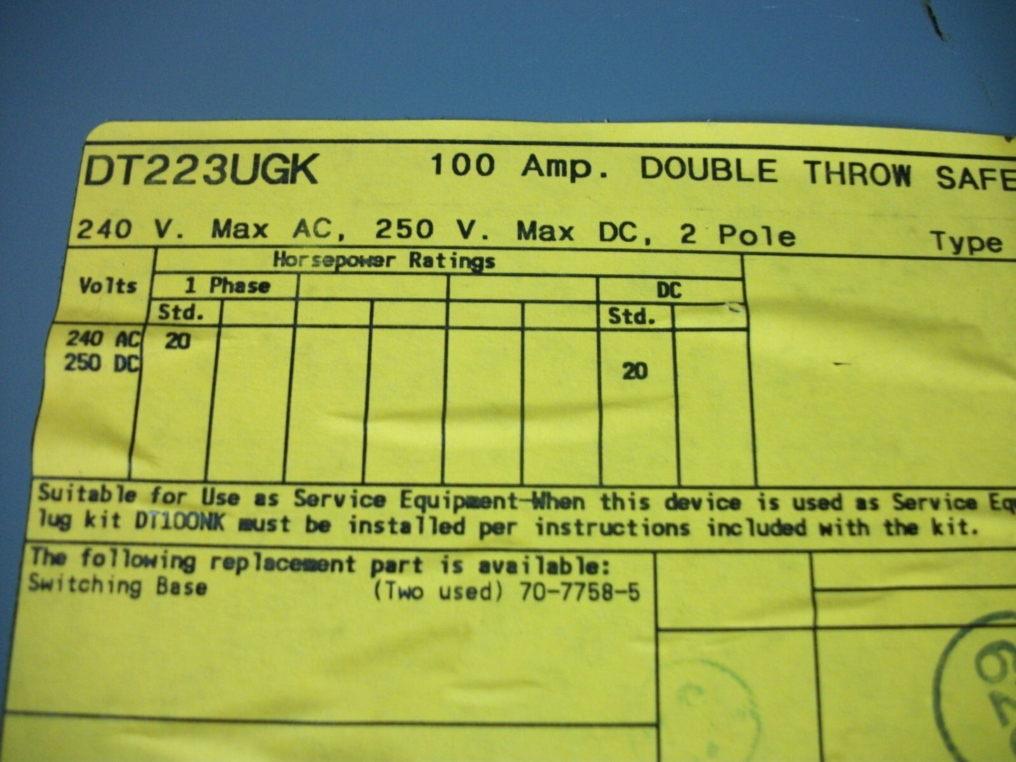 CUTLER-HAMMER DOUBLE THROW TYPE 1 DT223UGK 100AMP 240VOLT 2POLE NON-FUSIBLE