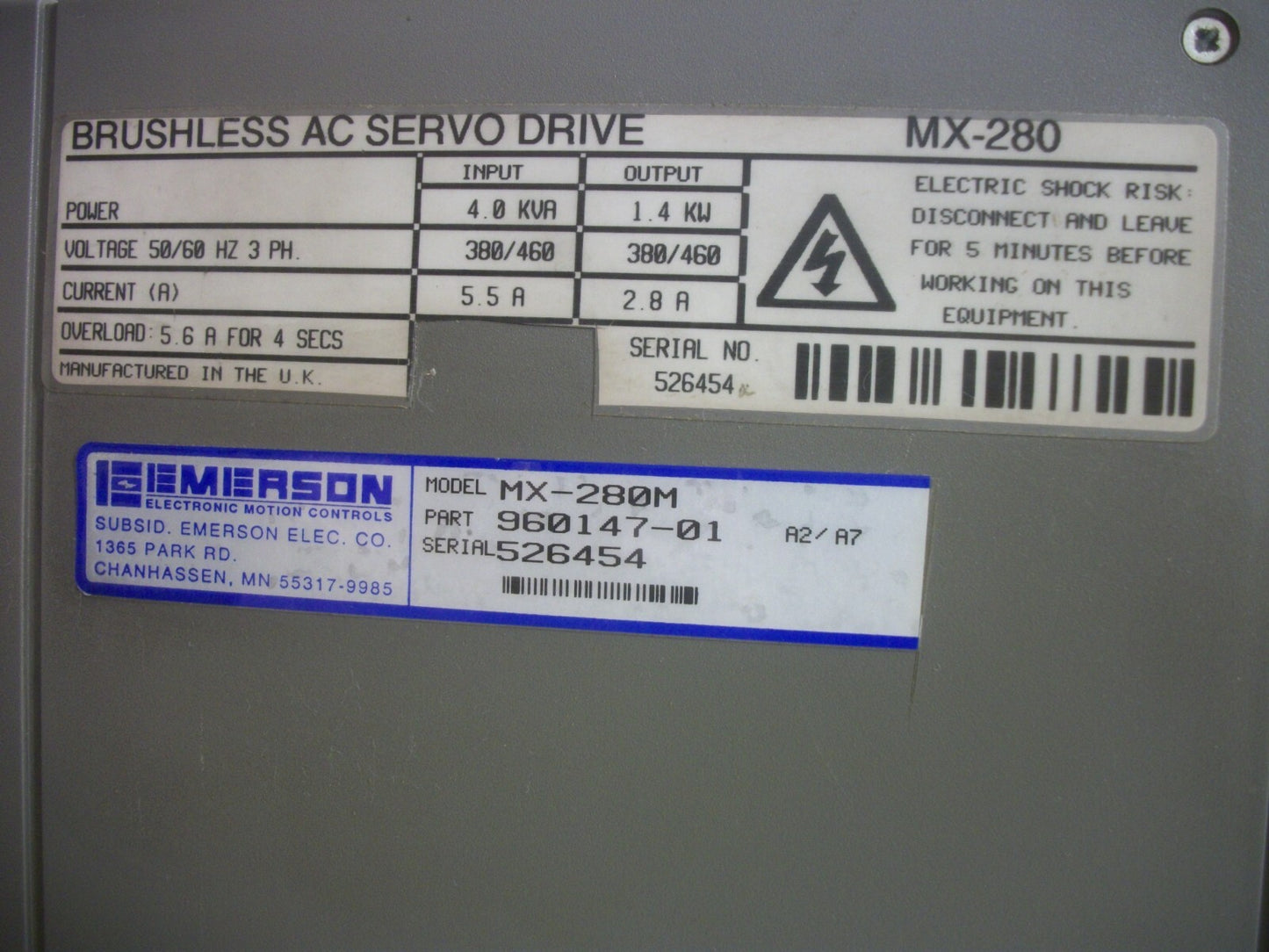 EMERSON MX-280 1.4KW BRUSHLESS AC SERVO DRIVE MX-280M 960147-01 380/460VOLT