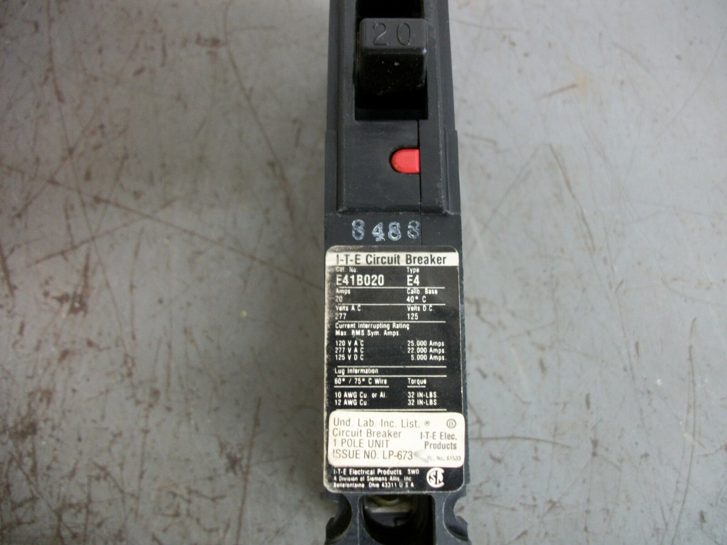 SIEMENS E4 CIRCUIT BREAKER E41B020 20AMP 277VOLT 1POLE