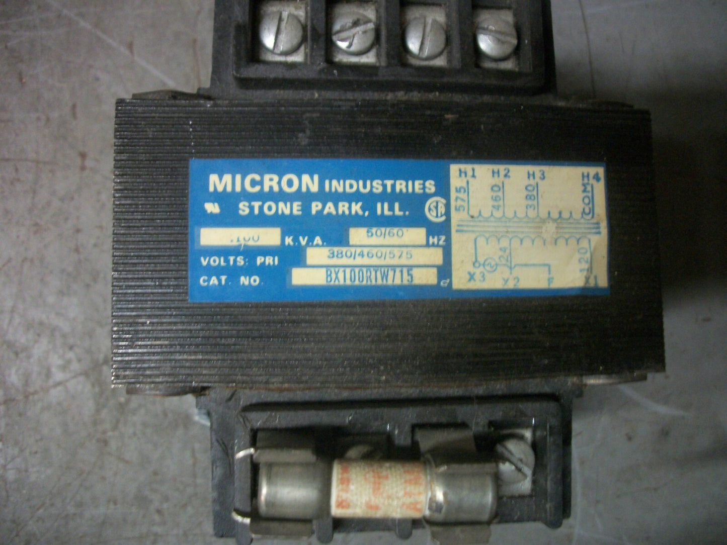 MICRON .100KVA 1PH TRANSFORMER BX100RTW715 HV 380X575 LV 24/120