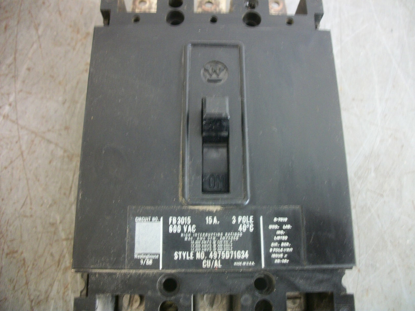 WESTINGHOUSE FB CIRCUIT BREAKER FB3015 15AMP 600VOLT 3POLE