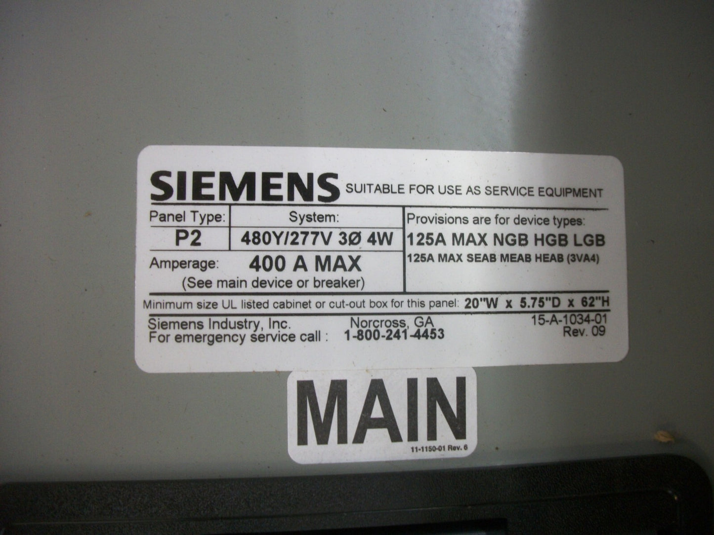 SIEMENS P2 PANELBOARD INTERIOR 400AMP 480Y/277VOLT 3PH W/400A MAIN NIB