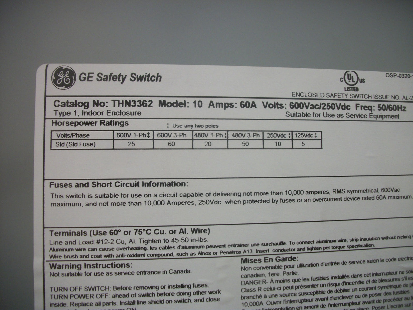 GE DISCONNECT TYPE 1 THN3362 60AMP 600VOLT 3POLE NON-FUSIBLE