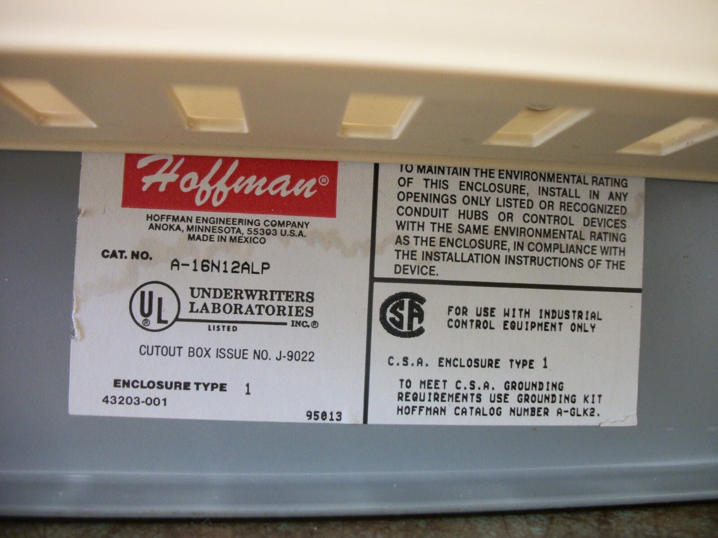 HOFFMAN ENCLOSURE 16 X 12 X 6.62 TYPE 1 A16N12ALP