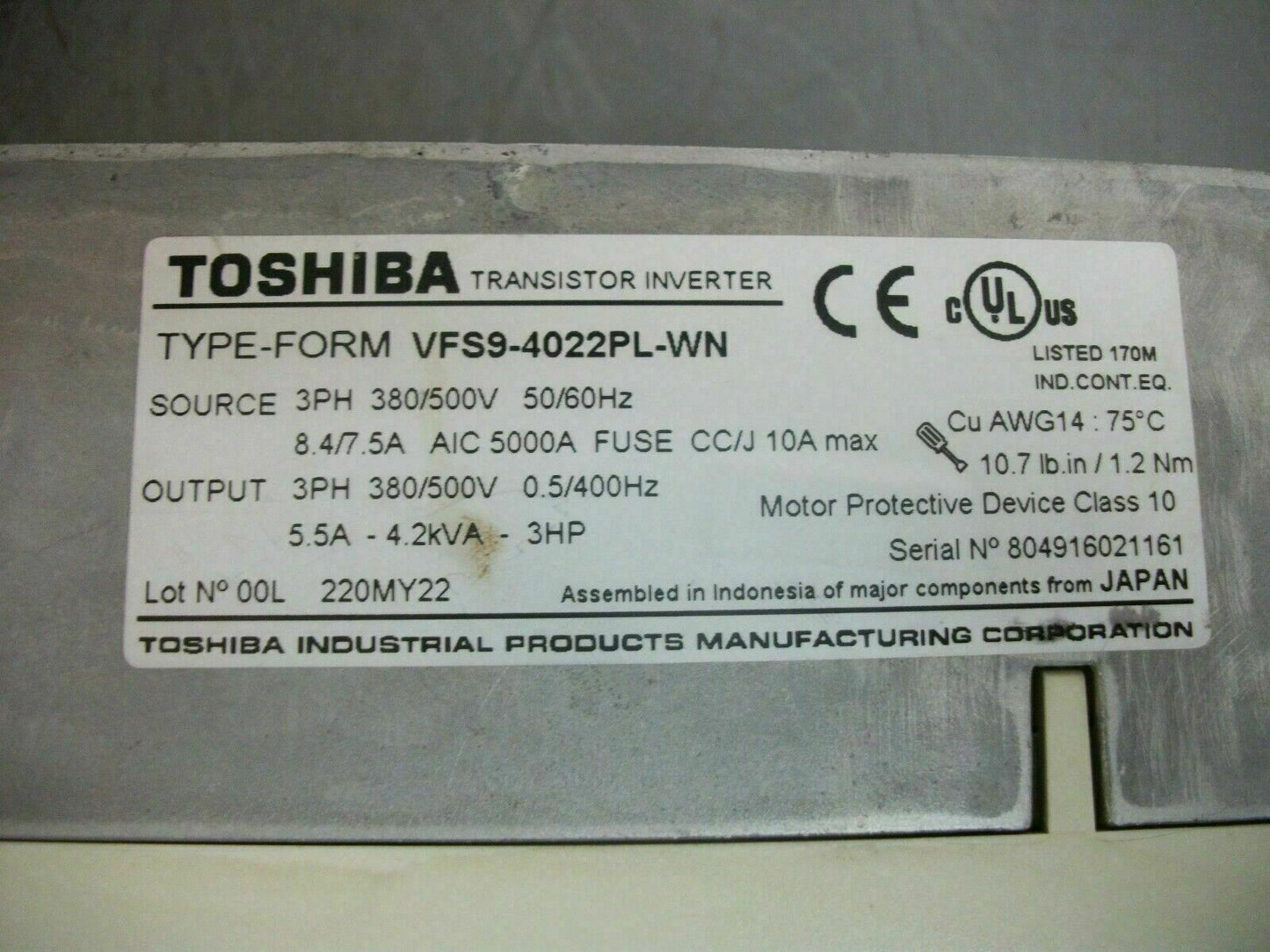 TOSHIBA 3HP TRANSISTOR INVERTER DRIVE VFS9-4022PL-WN 3PH 500VOLT 5.5AMP 4.2KVA