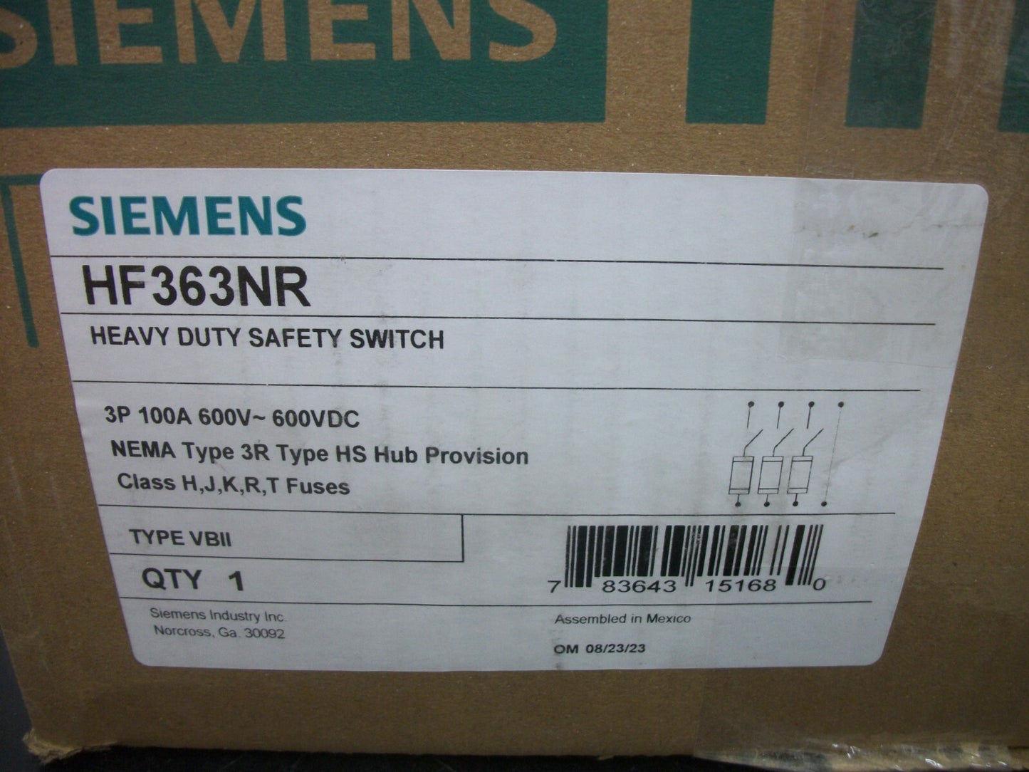 SIEMENS DISCONNECT TYPE 3R HF363NR 100AMP 600VOLT 3POLE FUSIBLE NIB