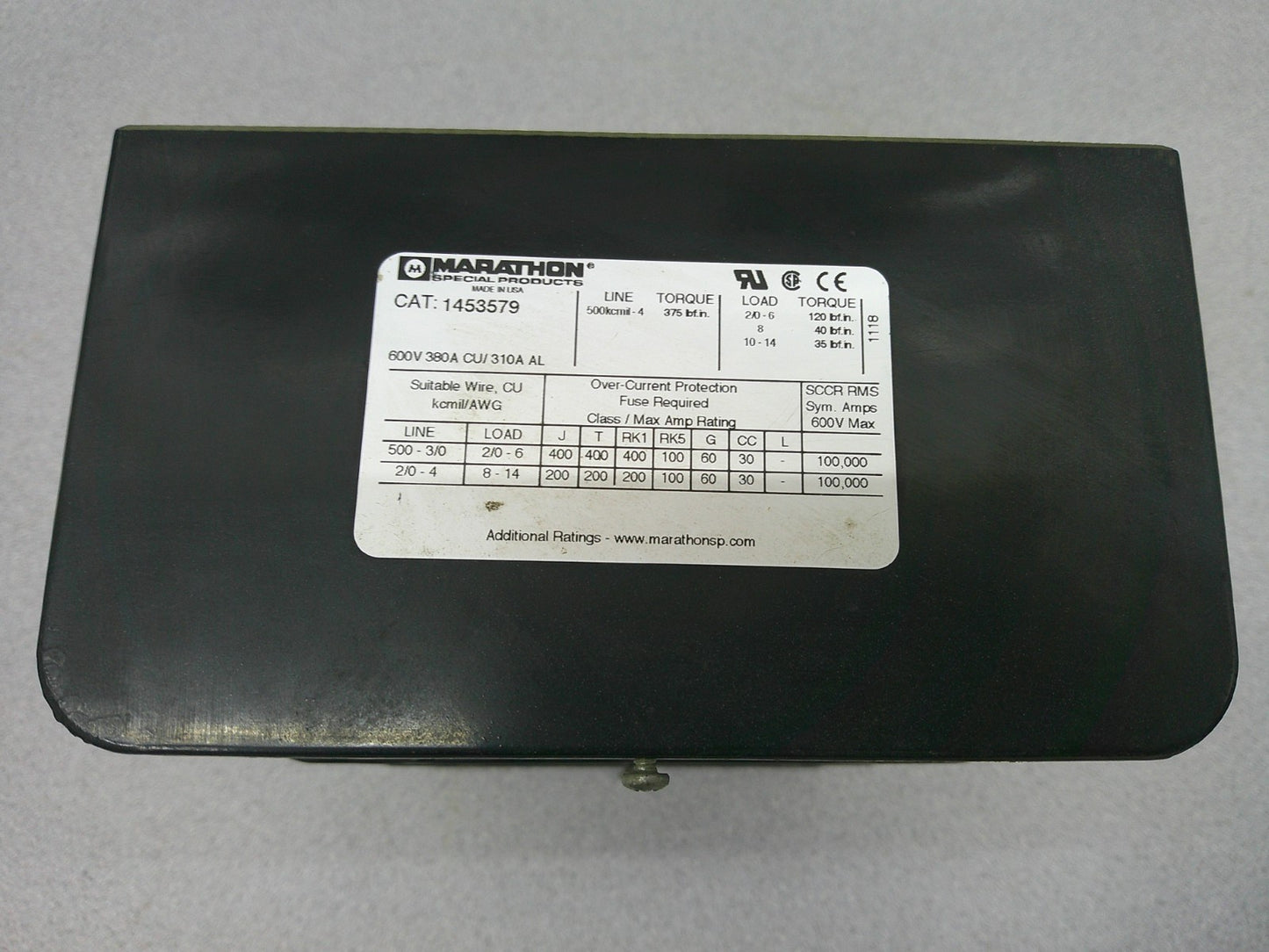 MARATHON POWER DISTRIBUTION TERMINAL BLOCK 1453579 380AMP 600VOLT 3POLE