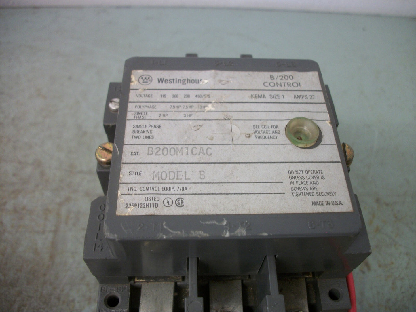 WESTINGHOUSE B/200 CONTROL SIZE 1 MOTOR STARTER B200M1CAC 120VCOIL 3PH 600V 10HP