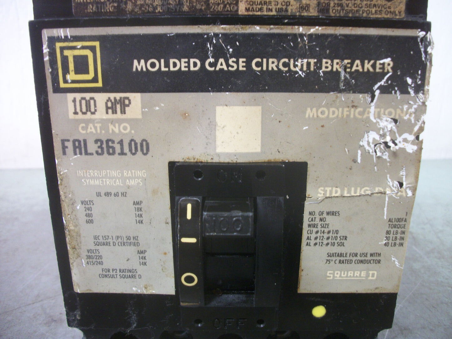 SQUARE D FAL CIRCUIT BREAKER FAL36100 100AMP 600VOLT 3POLE GRAY