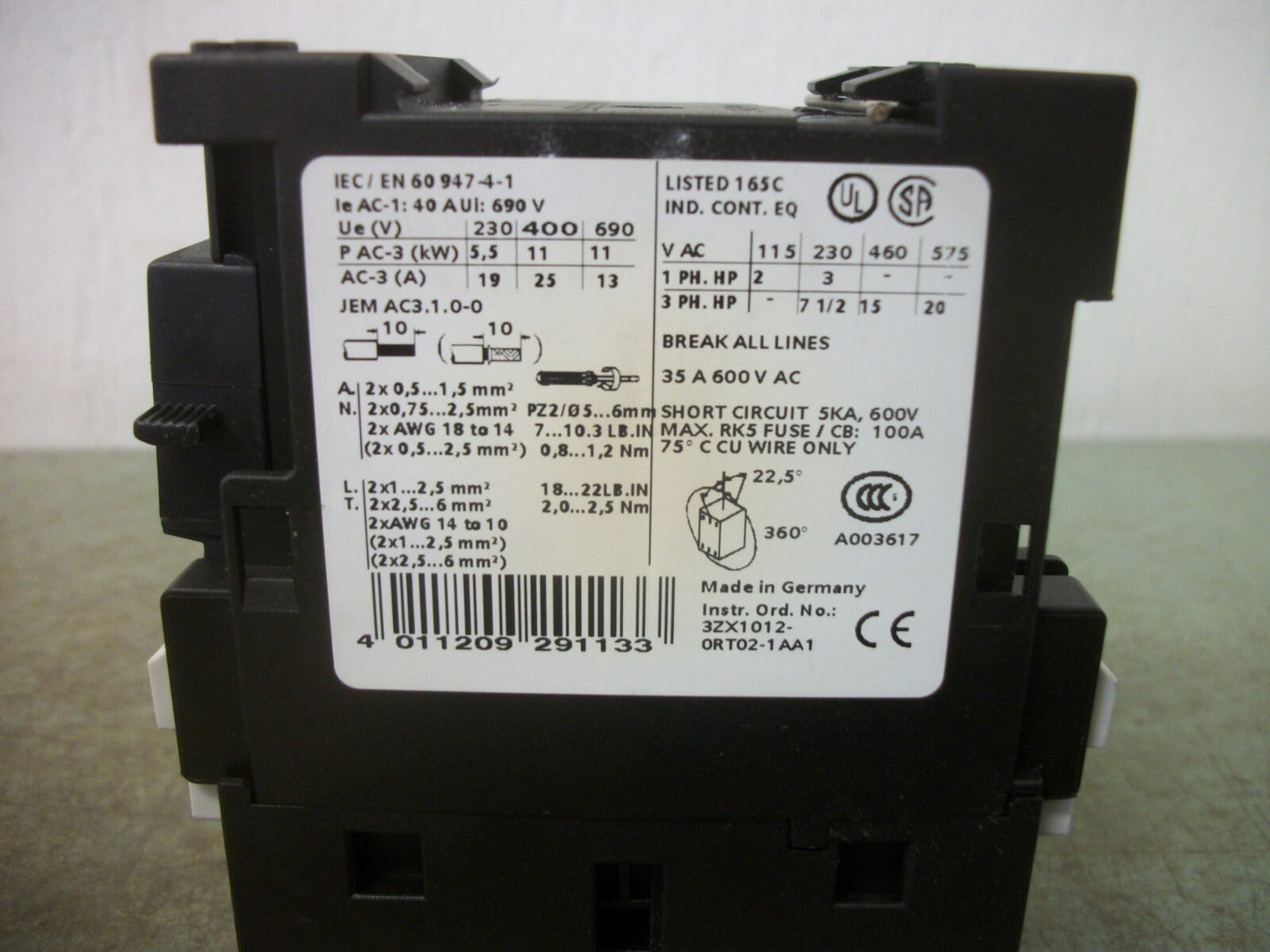 SIEMENS CONTACTOR 3RT1026-1B..0 35AMP 24VCOIL 3PH 600V 20HP