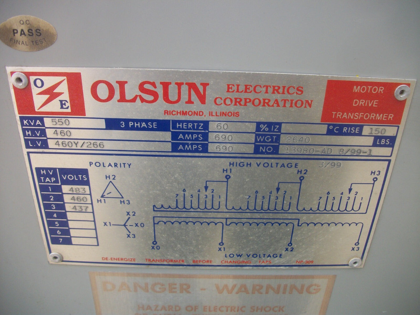 OLSUN 550KVA 3PH TRANSFORMER 13980-AD 8/99-1 HV 460 LV 460Y/266