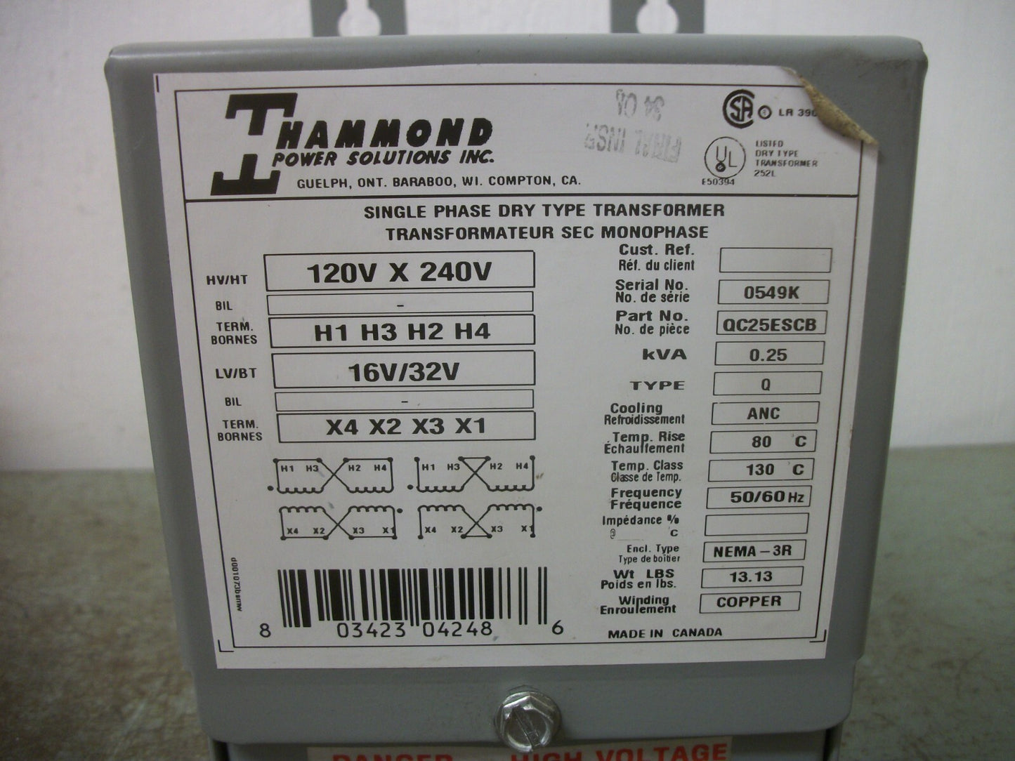 HAMMOND 0.25KVA 1PH TRANSFORMER TYPE 3R QC25ESCB HV 120X240 LV 16/32