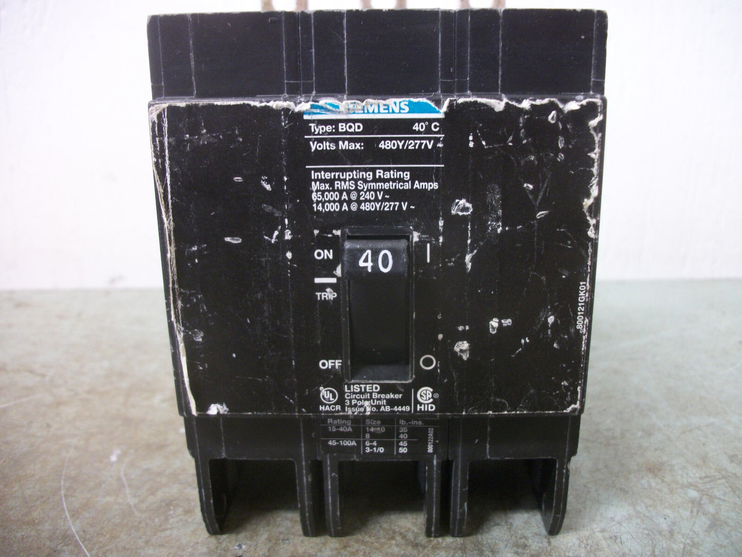 SIEMENS BQD CIRCUIT BREAKER BQD340 40AMP 480VOLT 3POLE