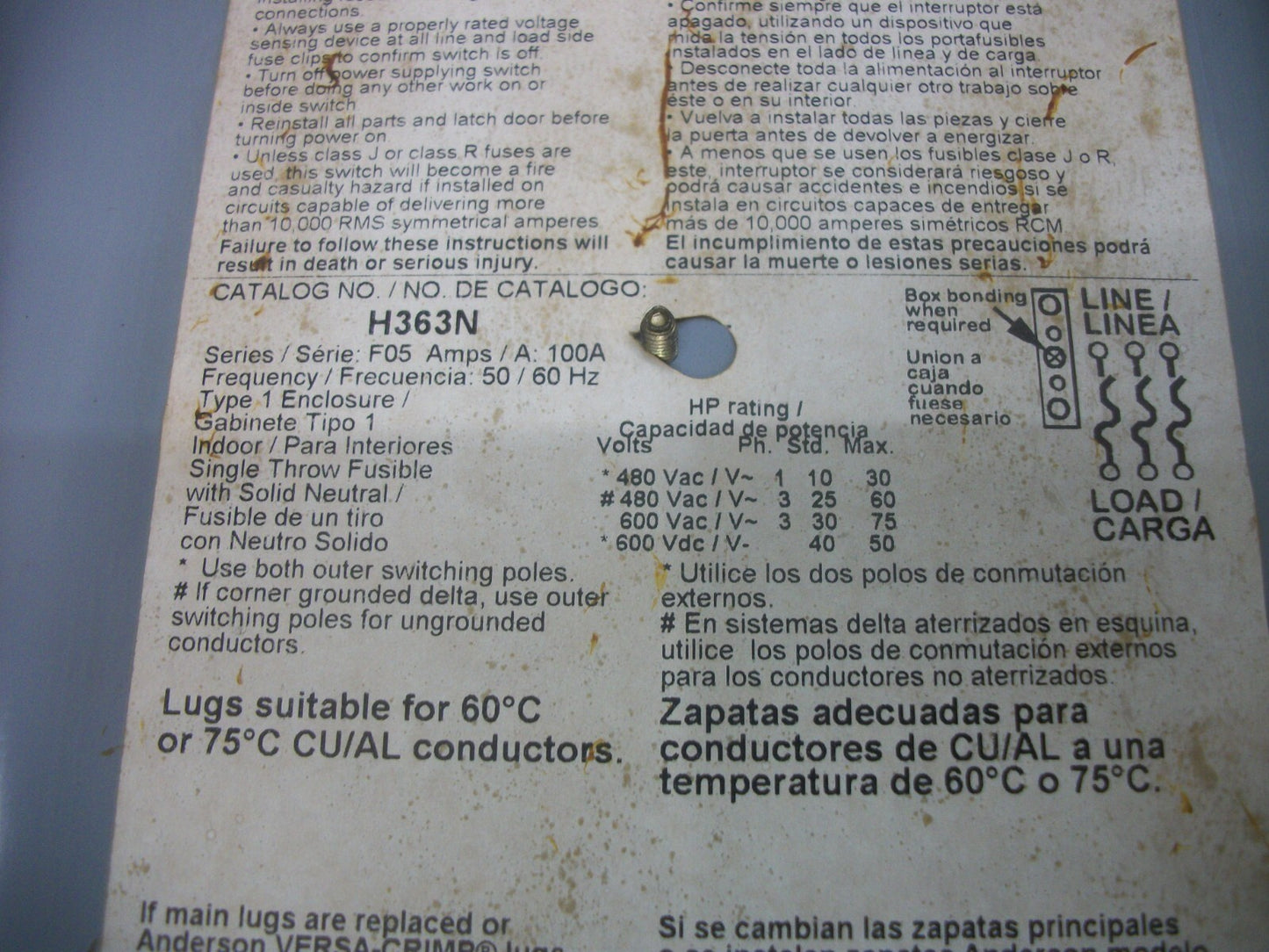 SQUARE D DISCONNECT TYPE 1 H363N 100AMP 600VOLT 3POLE FUSIBLE