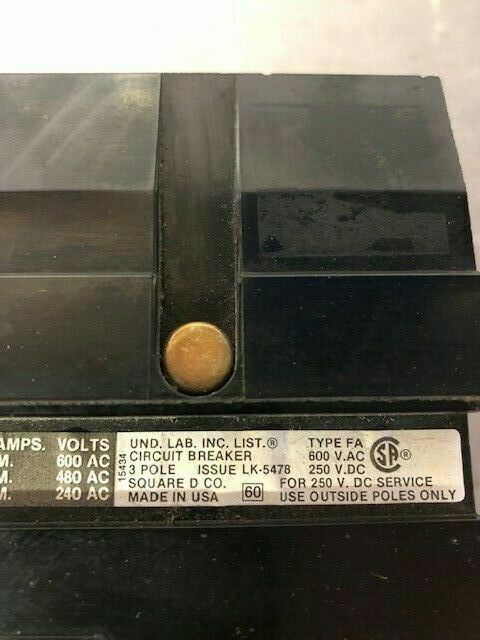 SQUARE D CIRCUIT BREAKER CAT#FA3602020 AMP 600 VOLT 3 POLE FA.