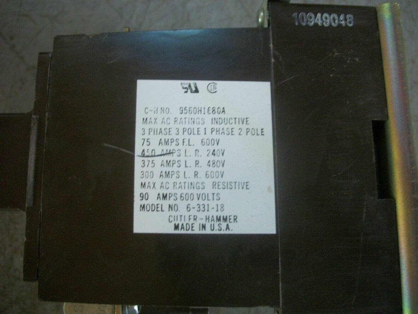 CUTLER-HAMMER DEFINITE PURPOSE CONTACTOR 9560H1680A 120VCOIL 90AMP 3PH 600V