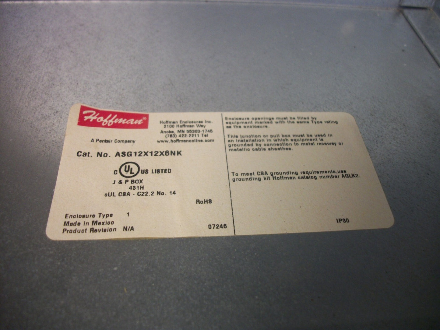 HOFFMAN 12X12X6 SCREW COVER PULL BOX ENCLOSURE TYPE 1 ASG12X12X6NK NEW