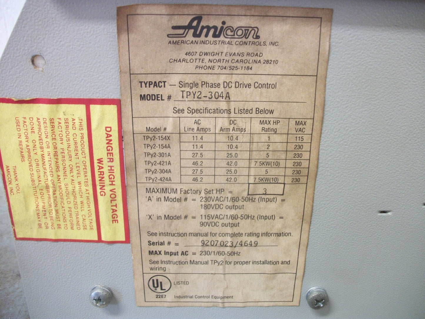 AMICON TYPACT 3HP DC DRIVE CONTROL TPY2-304A 1PH 230VAC 180VDC