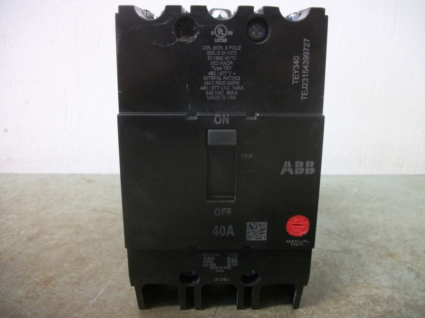 GE TEY CIRCUIT BREAKER TEY340 40AMP 480VOLT 3POLE
