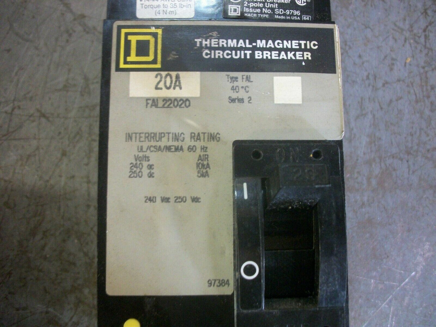 SQUARE D FAL CIRCUIT BREAKER FAL22020 20AMP 240VOLT 2POLE GRAY