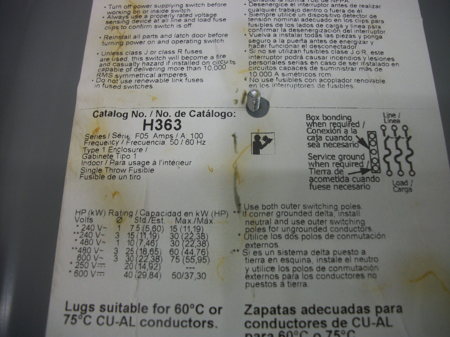 SQUARE D DISCONNECT TYPE 1 H363 100AMP 600VOLT 3POLE FUSIBLE