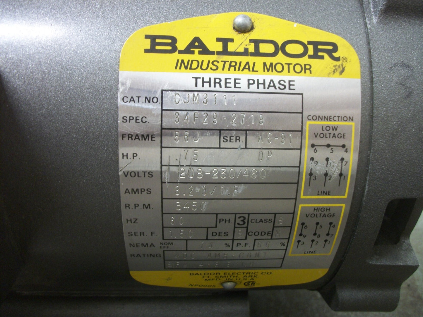 BALDOR 3/4HP 56J OPEN AC MOTOR CJM3111 460VOLT 3PH 3450RPM