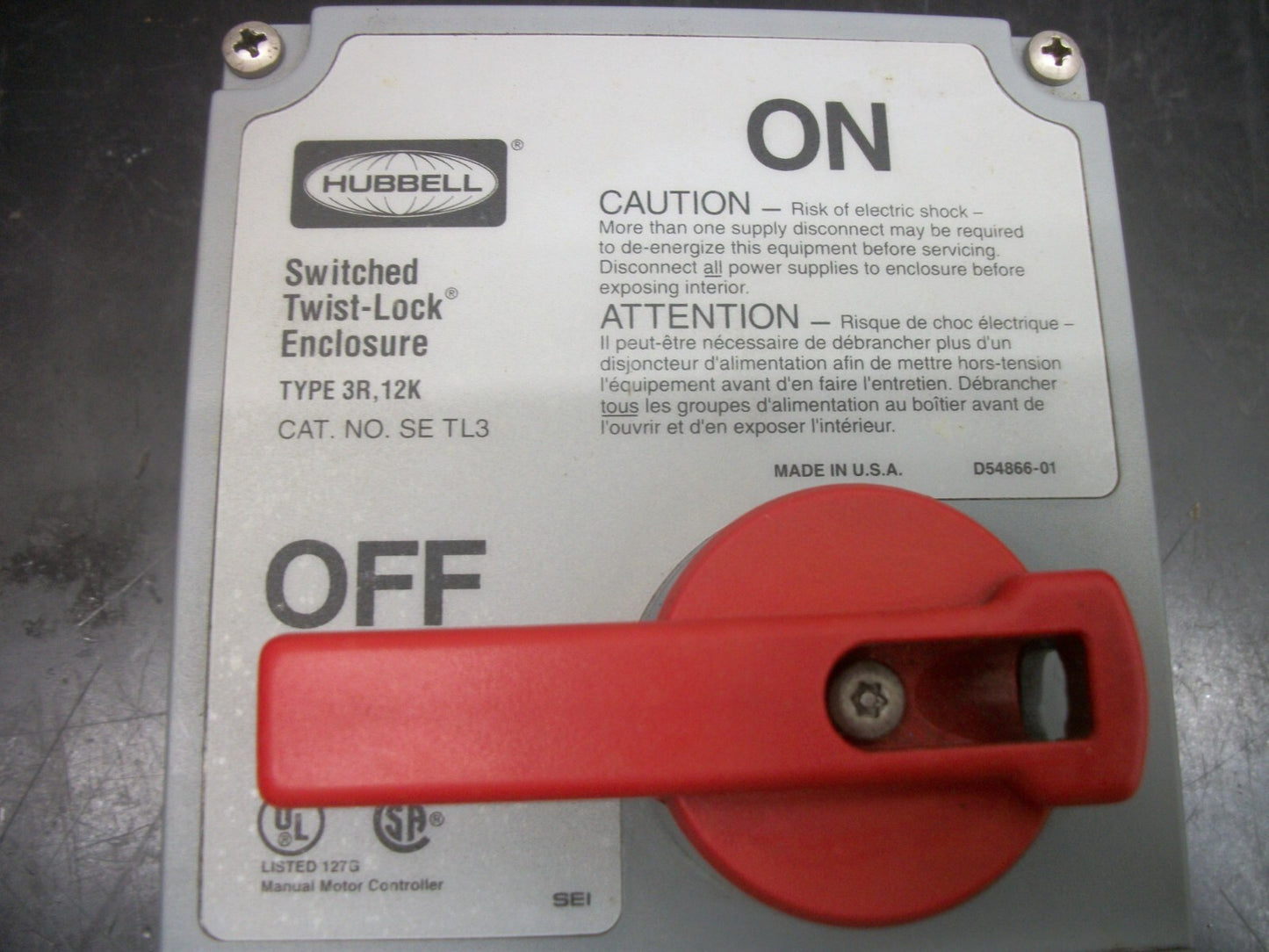 HUBBELL TWIST-LOCK DISCONNECT 3R,12K SE TL3 30AMP 600VOLT 3POLE NON-FUSIBLE