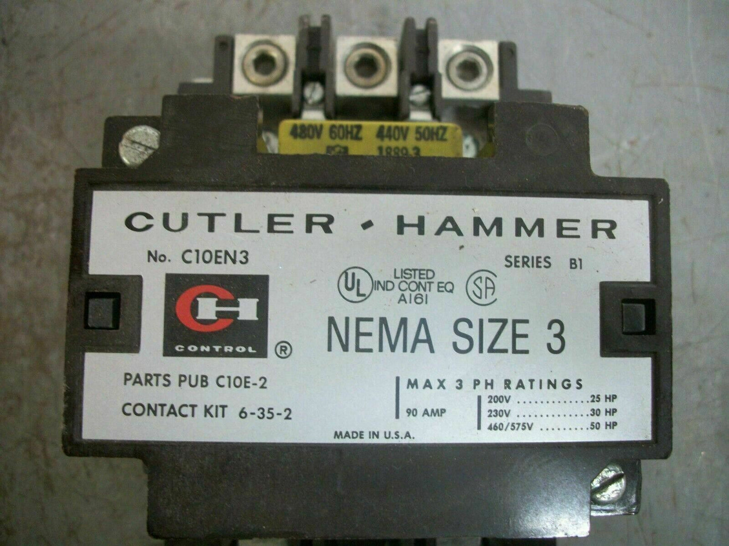 CUTLER-HAMMER SIZE 3 CONTACTOR C10EN3 480VCOIL 3PH 600V 50HP