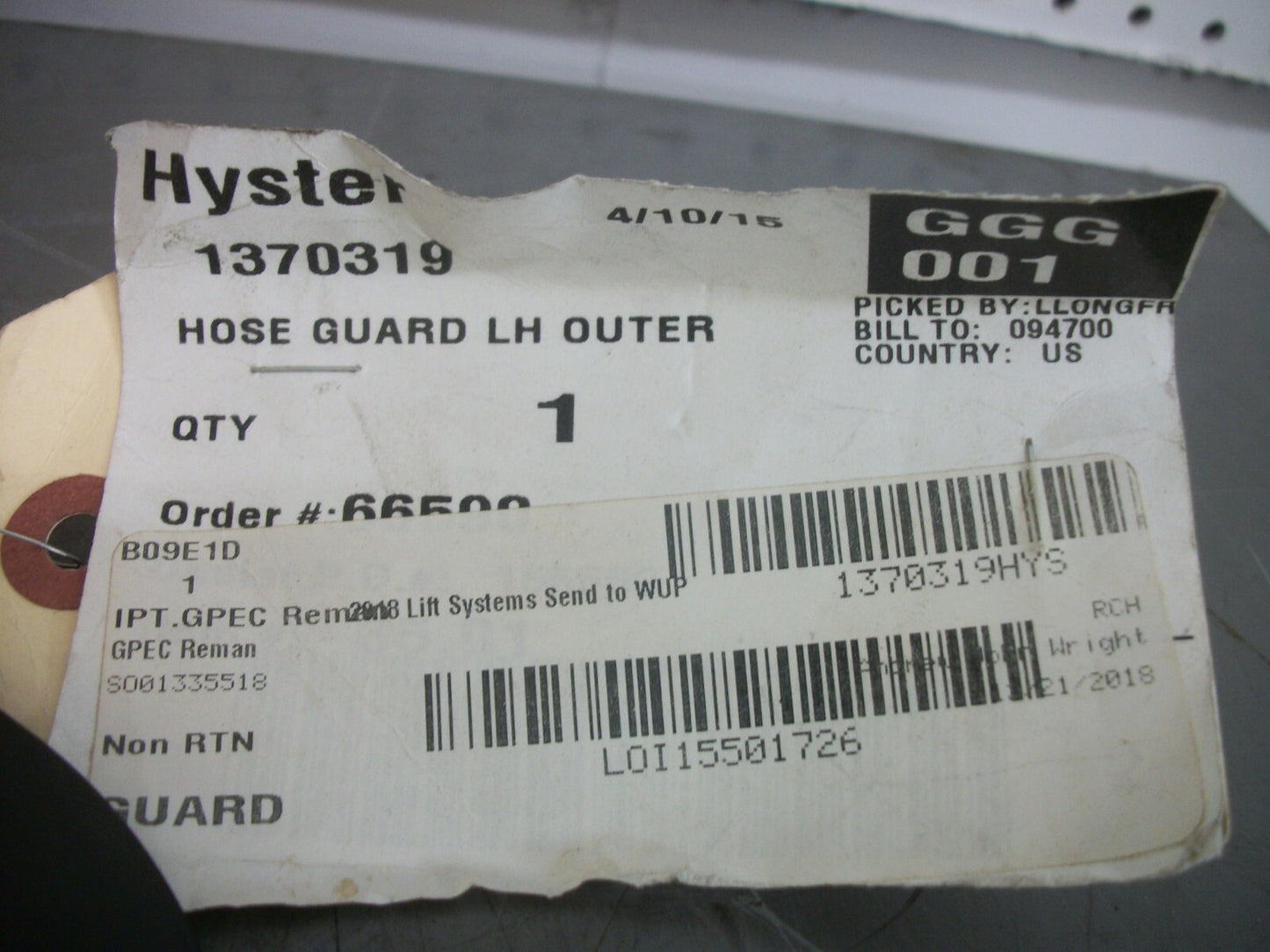 HYSTER FORKLIFT OUTER LH HOSE GUARD 1370319 NEW