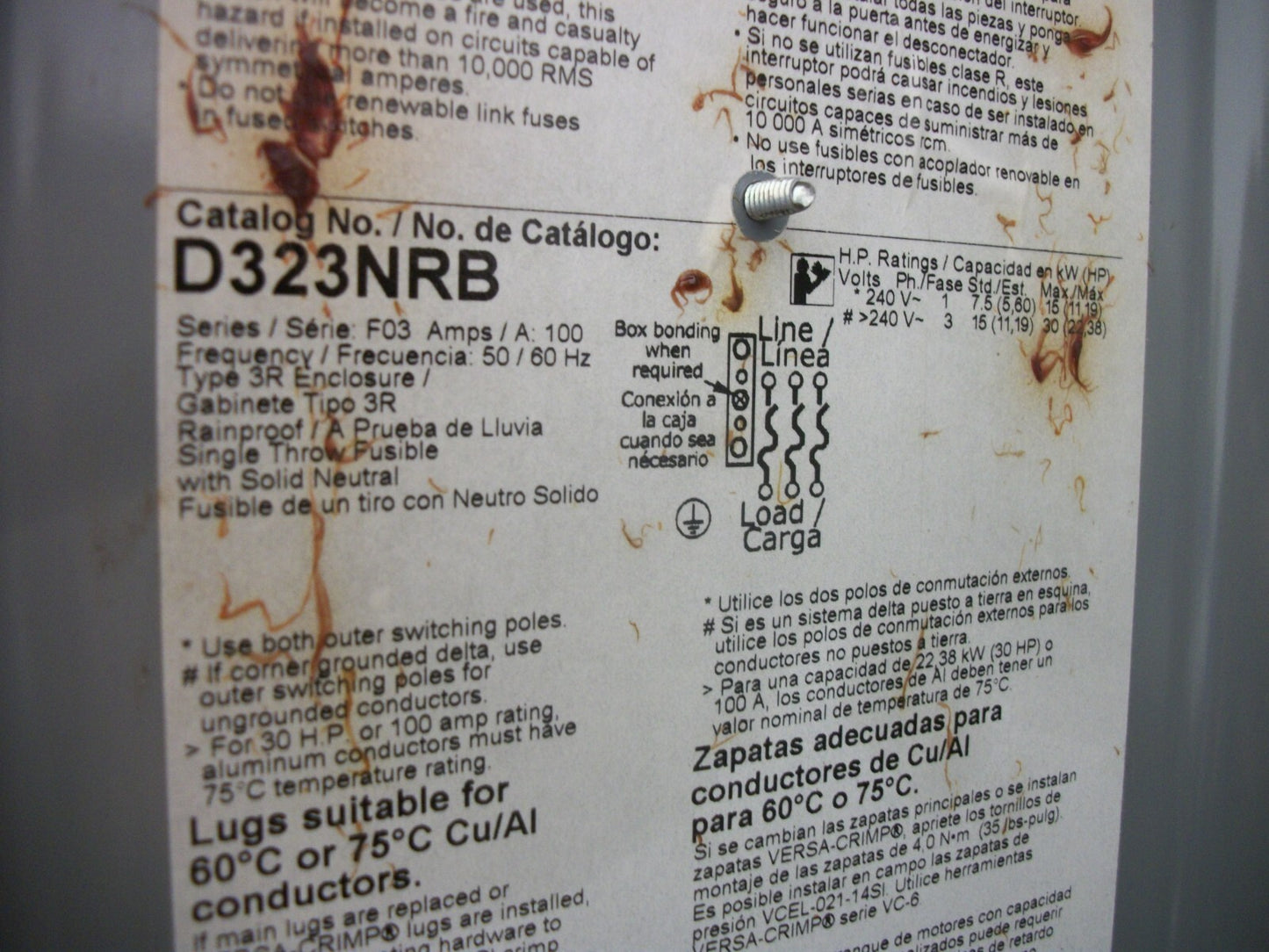 SQUARE D DISCONNECT TYPE 3R D323NRB 100AMP 240VOLT 3POLE FUSIBLE