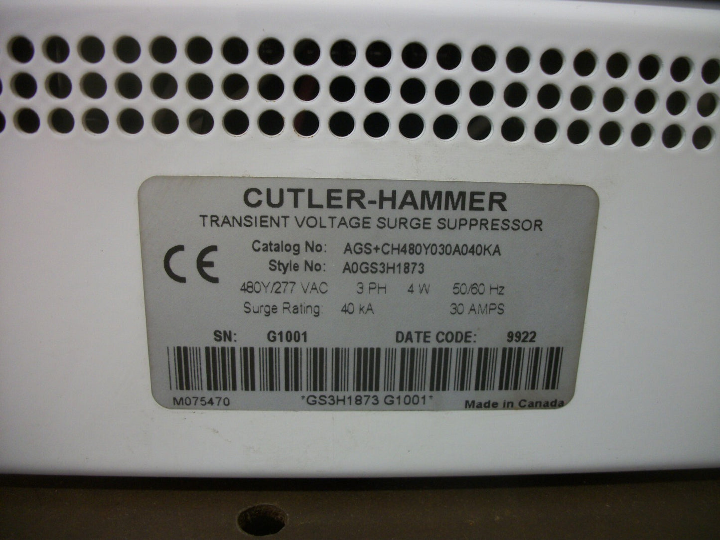 CUTLER-HAMMER 40KA 30AMP TRANSIENT VOLTAGE SURGE SUPPRESSOR AGS+CH480Y030A040KA