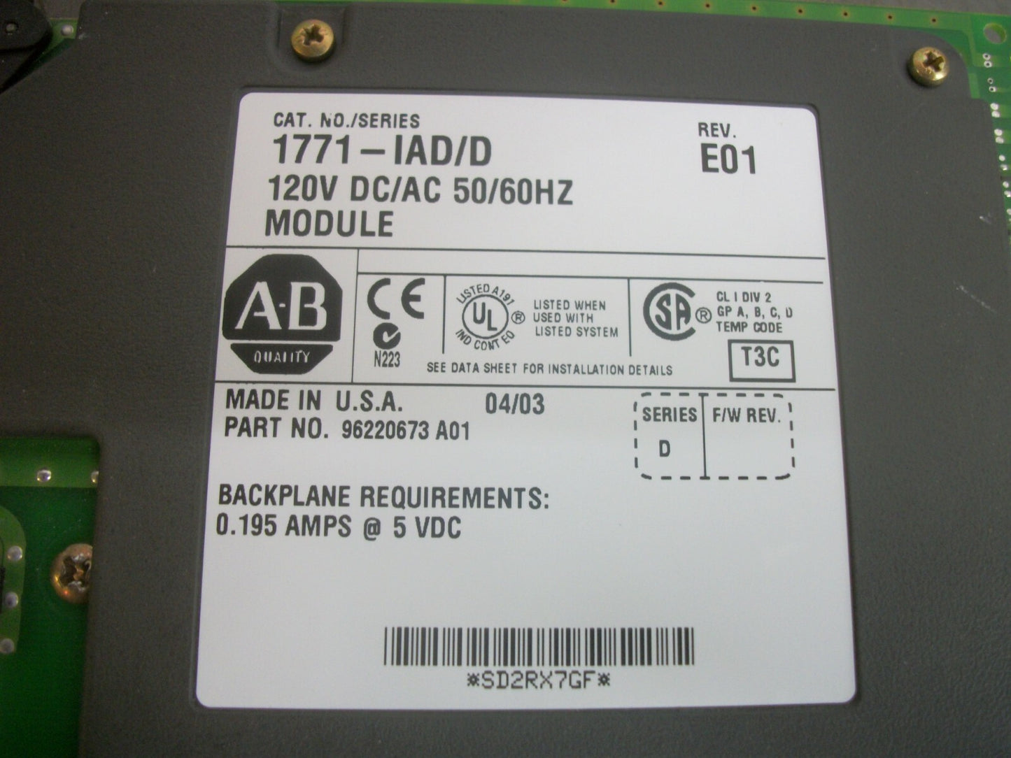 ALLEN-BRADLEY 120VOLT DC/AC INPUT MODULE 1771-IAD/D