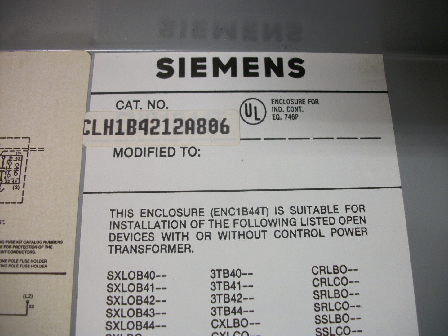 SIEMENS ENCL 3TB42 20AMP LIGHTING CONTACTOR CLH1B4212A806 120VCOIL NOB