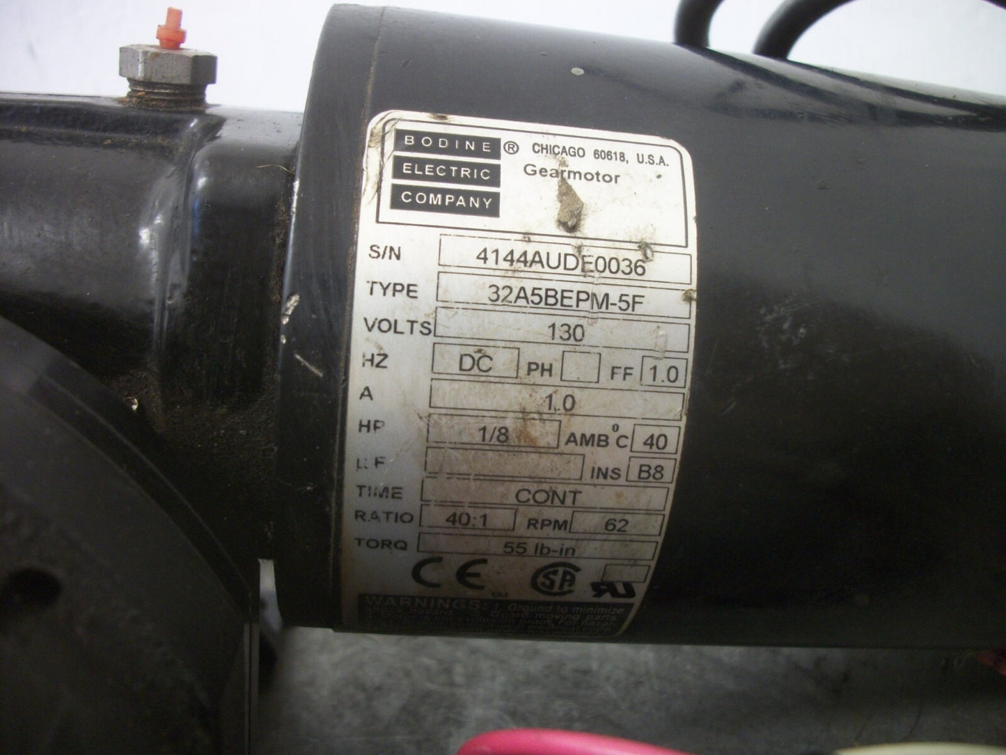 BODINE 1/8HP 40:1 RATIO DC GEARMOTOR 32A5BEPM-5F 130VDC 62RPM