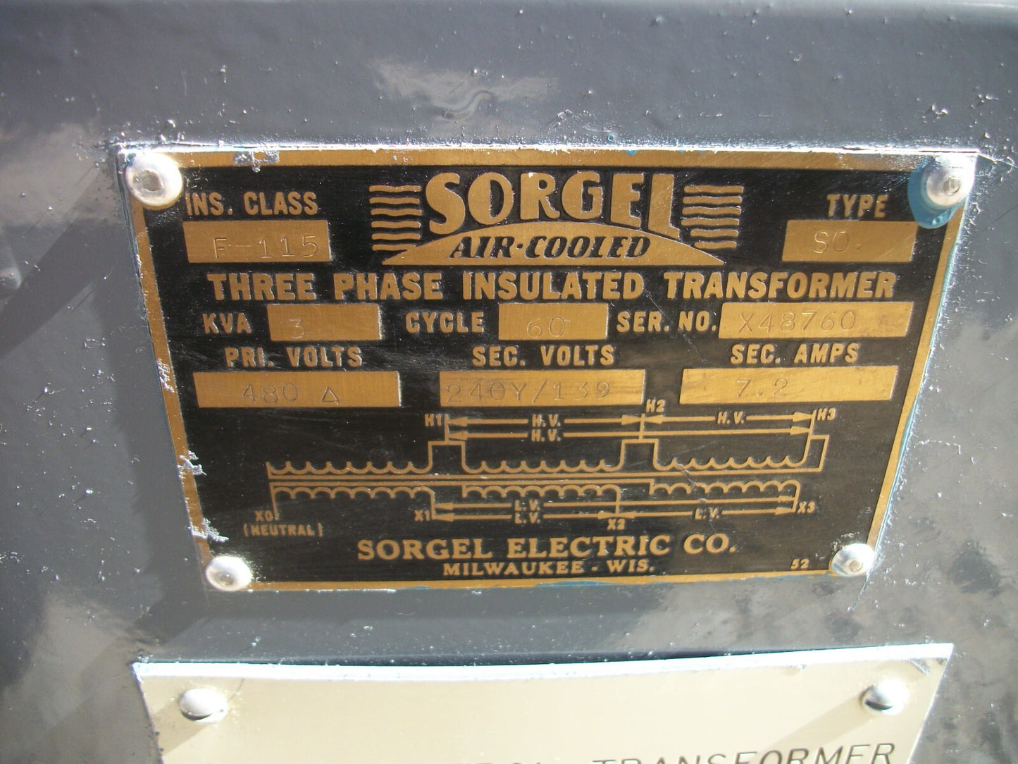 SQUARE D SORGEL 3KVA 3PH TYPE S0 TRANSFORMER X48760 HV 480D LV 240Y/130 REFURB