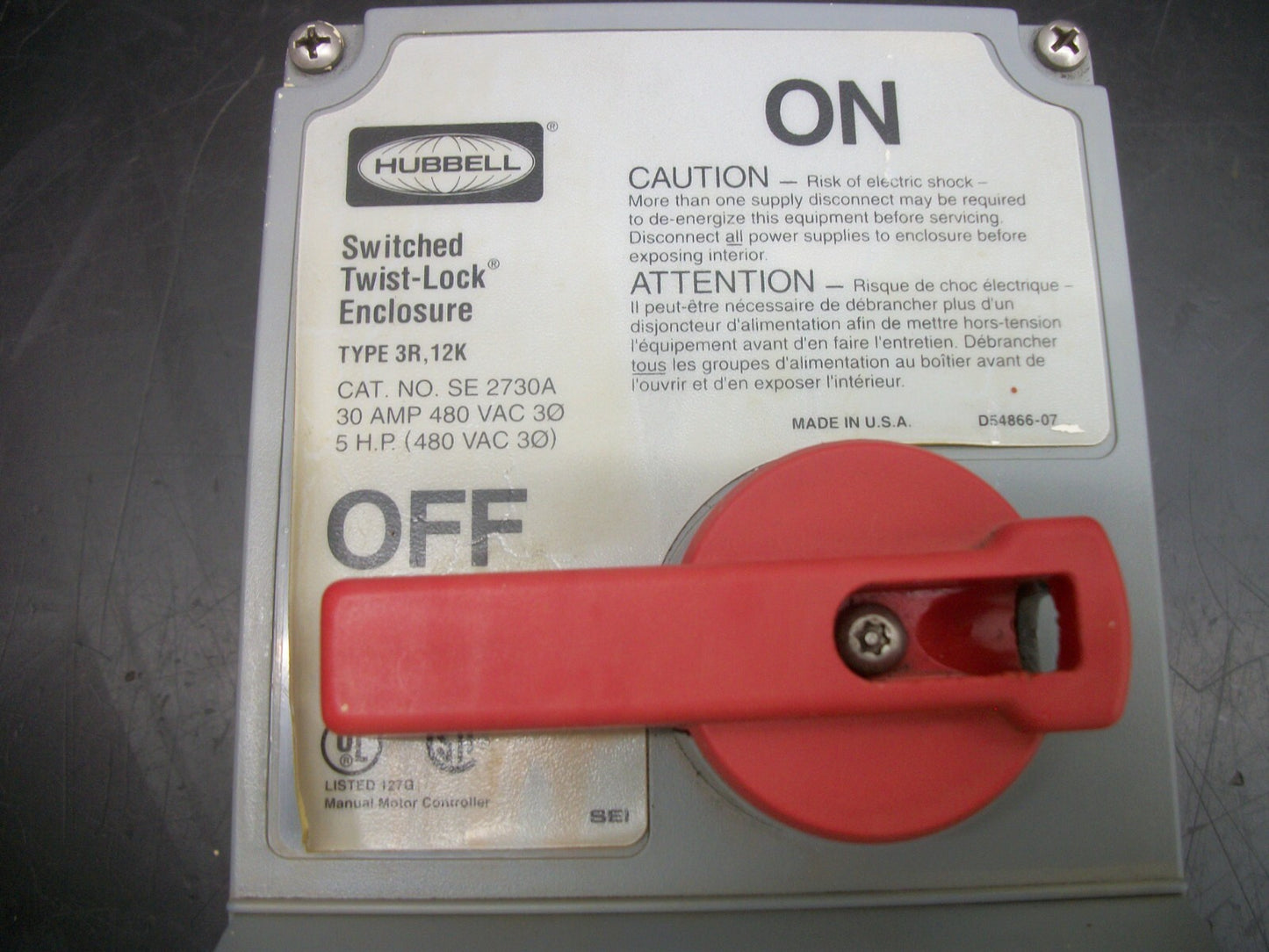 HUBBELL SWITCHED TWIST-LOCK ENCLOSURE 3R,12 SE2730A 30AMP 480VOLT