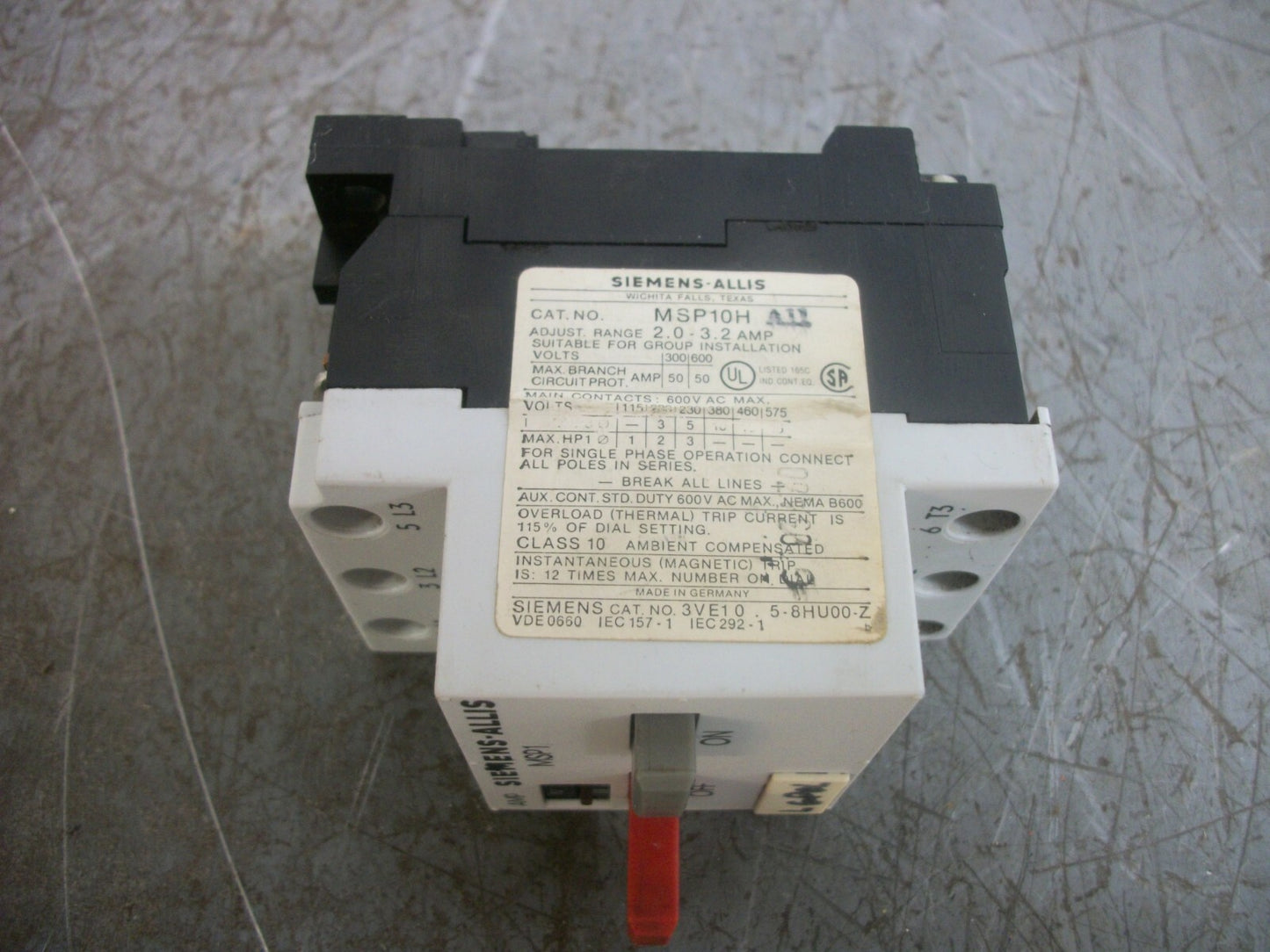 SIEMENS MANUAL MOTOR STARTER MSP10H 2.0-3.2AMP