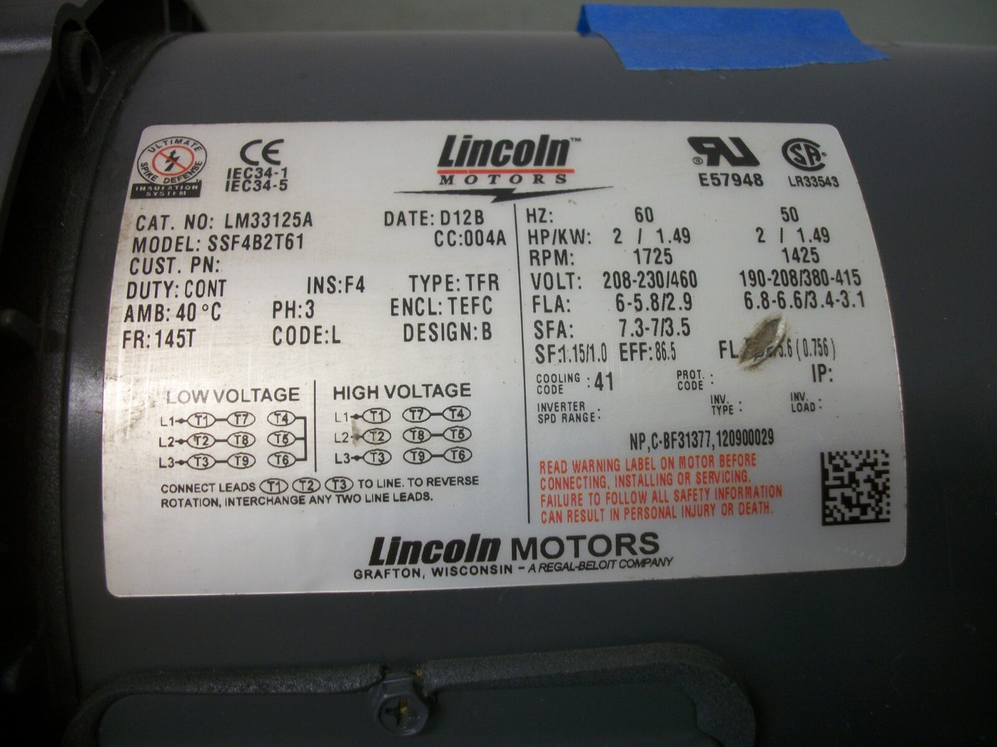LINCOLN 2HP TEFC 145T AC MOTOR LM33125 LM33125A 460VOLT 1725RPM 3PH NIB