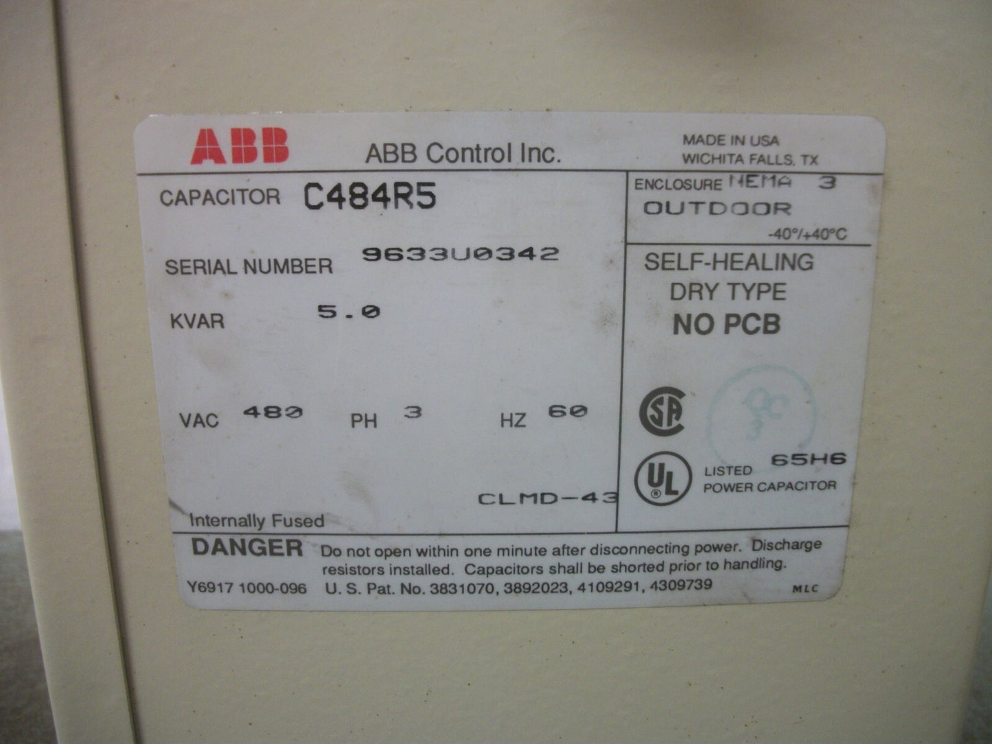 ABB 5KVAR 3PH CAPACITOR TYPE 3R C484R5 480VOLT NOB