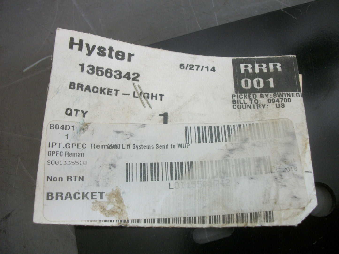 HYSTER LIGHT BRACKET 1356342 NEW