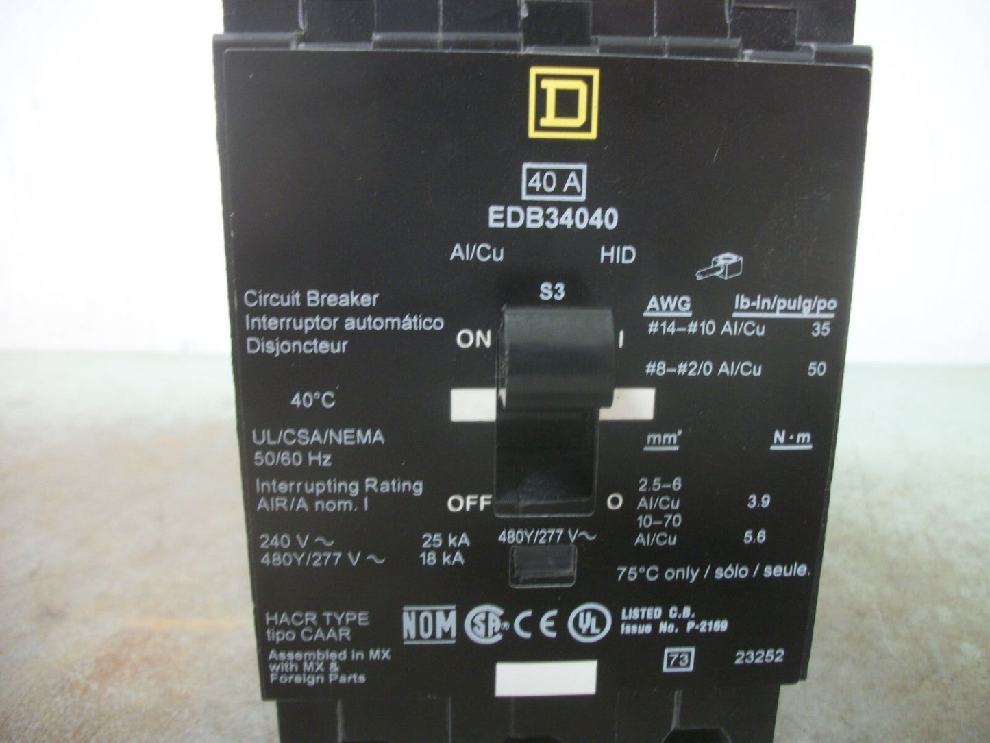 SQUARE D EDB CIRCUIT BREAKER EDB34040 40AMP 480VOLT 3POLE NOB