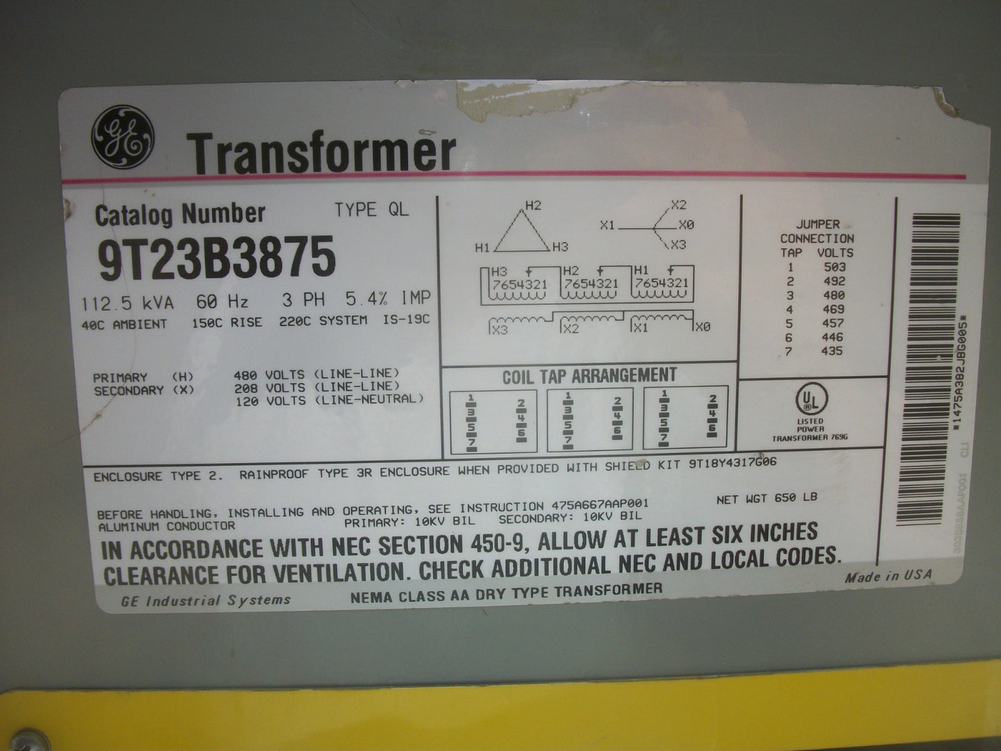 GE 112.5KVA 3PH TRANSFORMER 9T23B3875 HV 480 LV 208/120