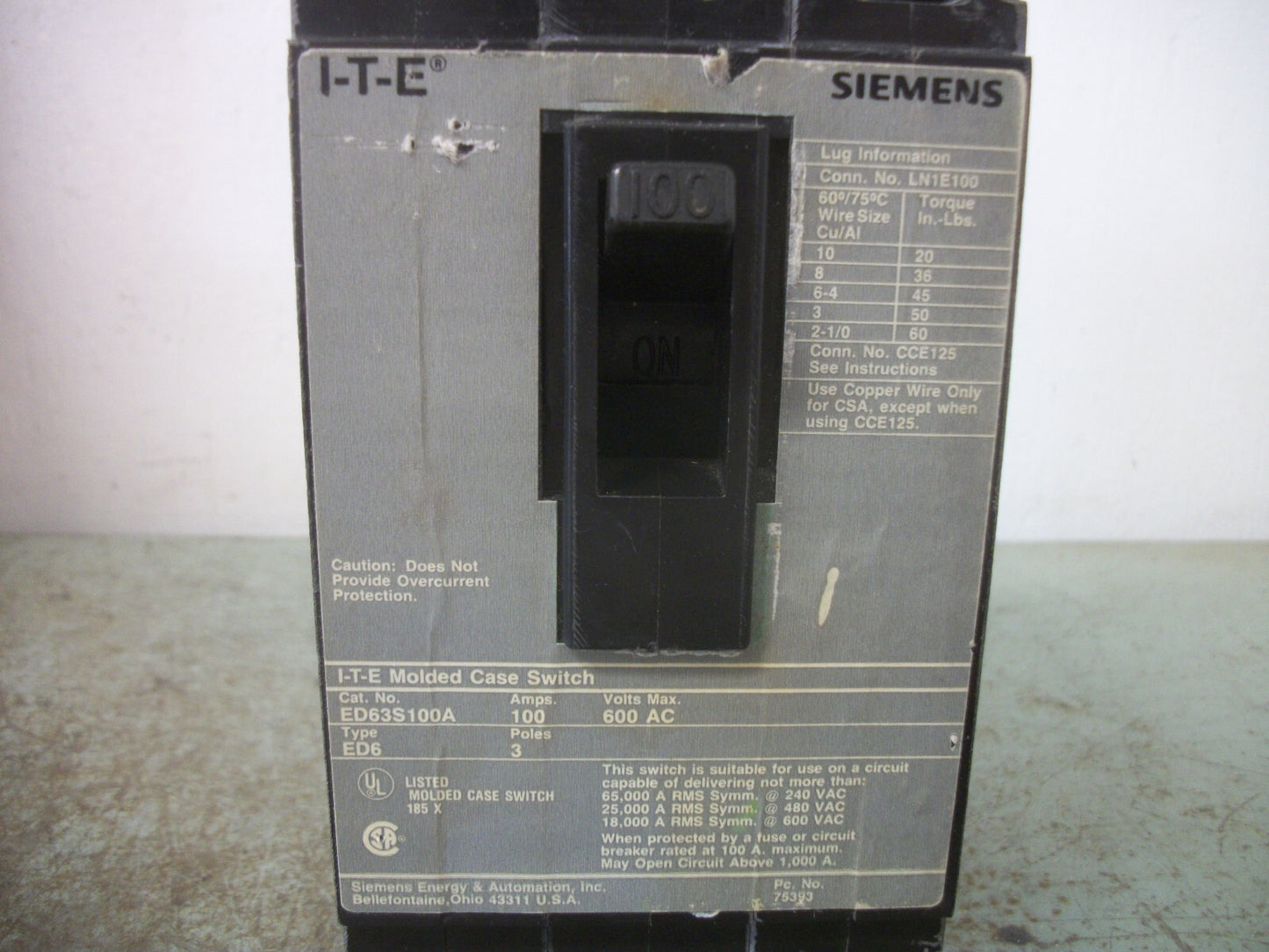 SIEMENS ED6 CIRCUIT BREAKER ED63S100A 100AMP 600VOLT 3POLE
