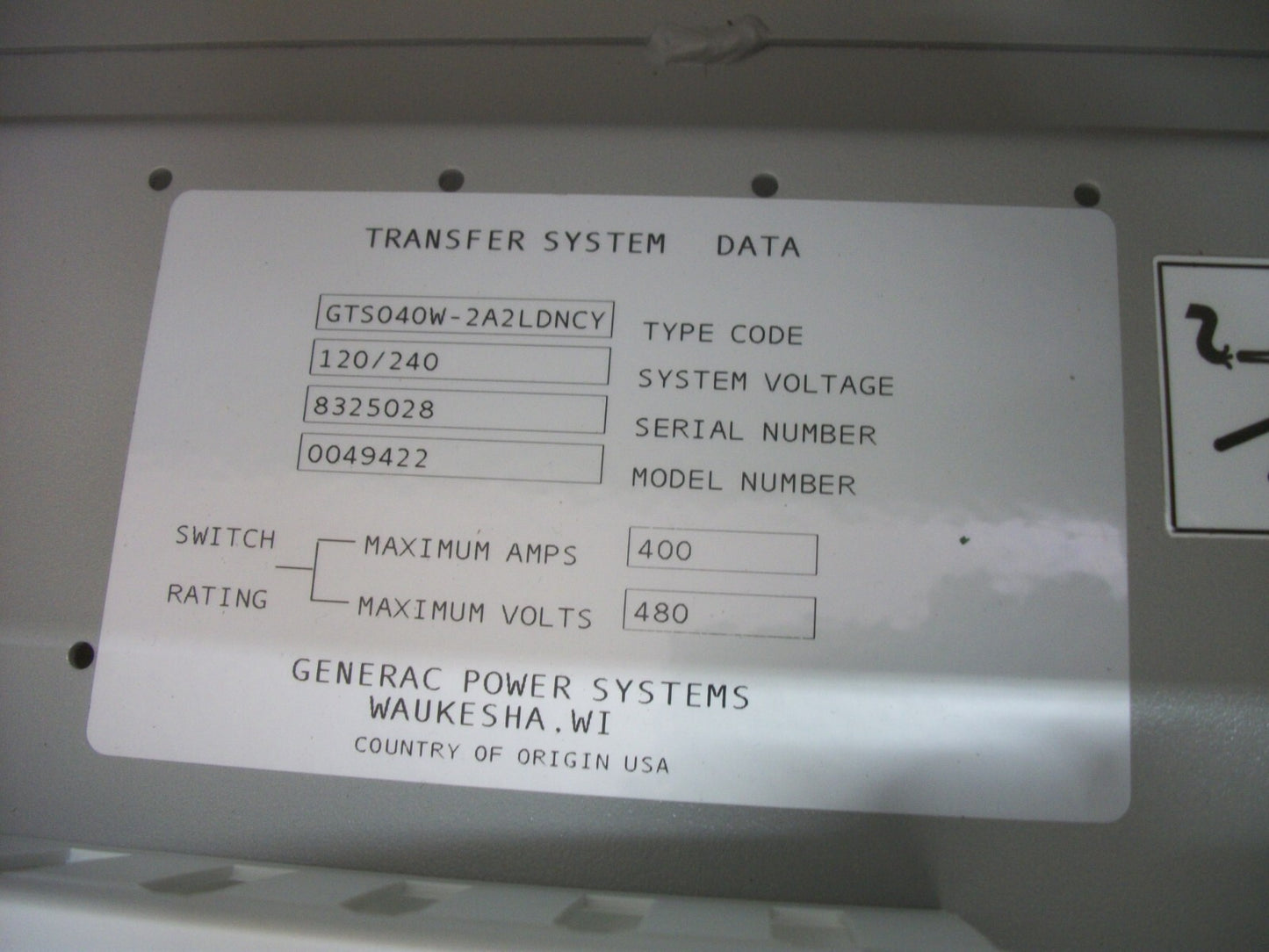 GENERAC AUTOMATIC TRANSFER SWITCH TYPE 3R GTS040W-2A2LDNCY 400AMP 480VOLT NEW