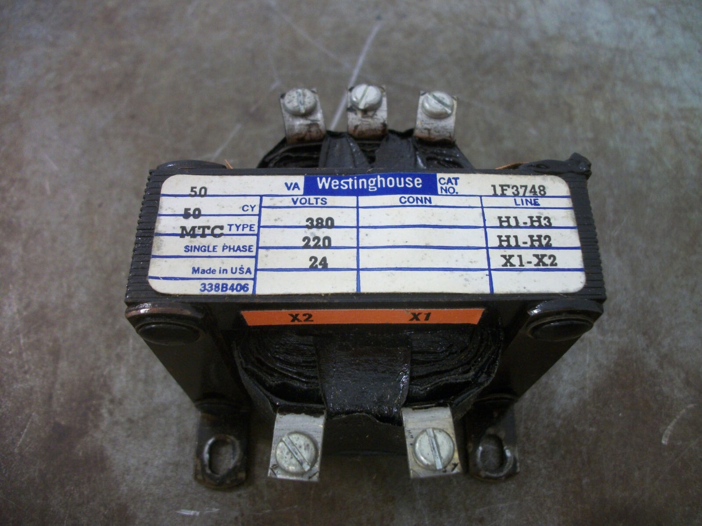 WESTINGHOUSE 50VA 1PH TRANSFORMER 1F3748 HV 380X220 LV 24 NOB