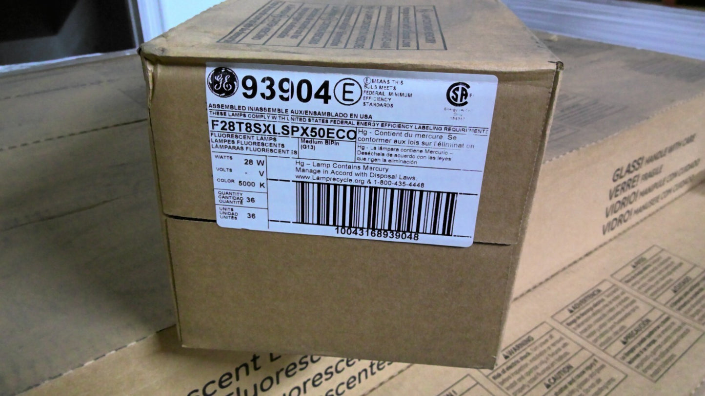 GE 93904 BOX OF 36 T8 FLUORESCENT LAMPS F28T8XLSPX50ECO 5000K 28W NIB