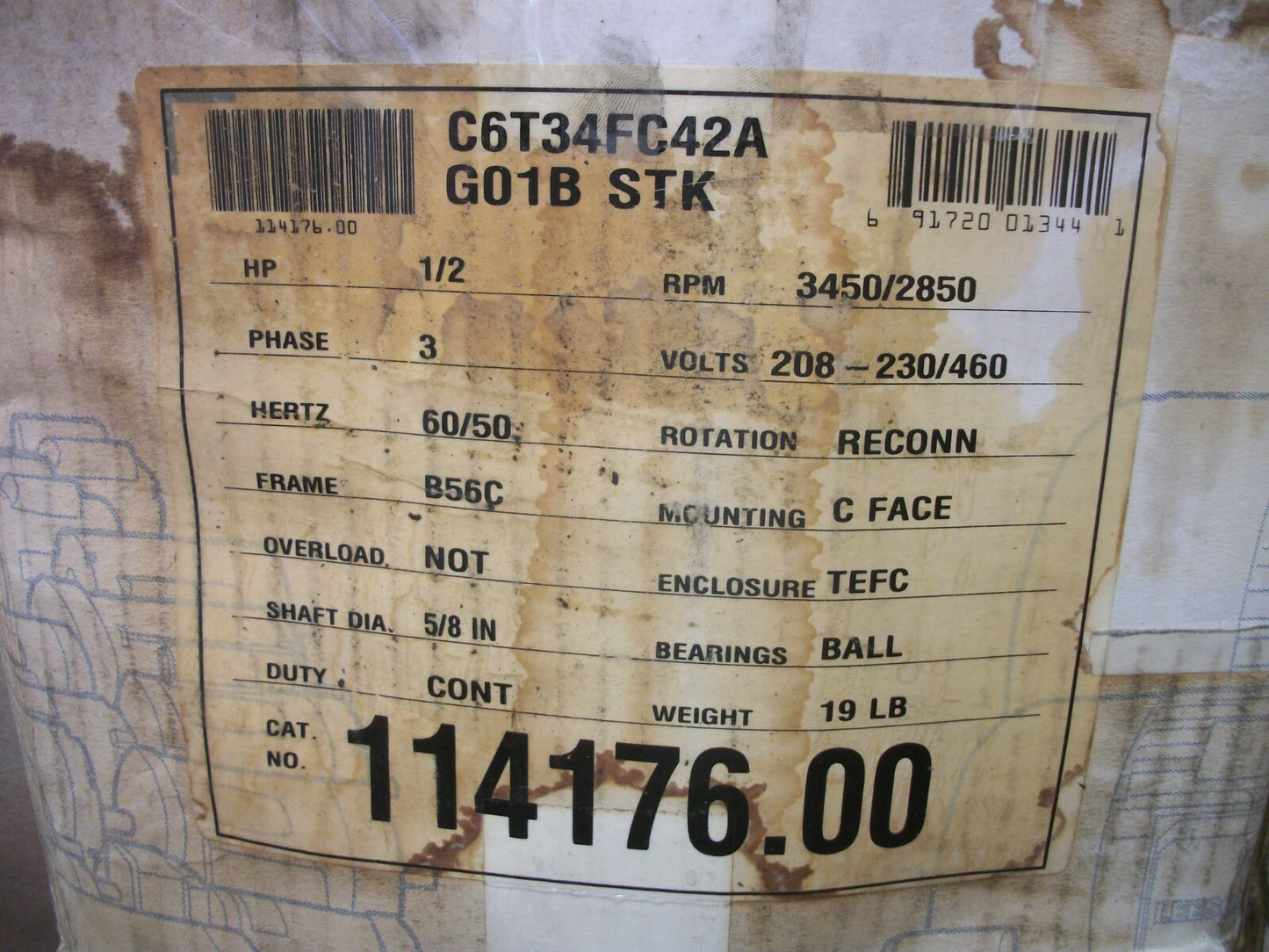 LEESON 1/2HP B56C TEFC AC MOTOR 114176.00 460VOLT 3PH 2850RPM NIB